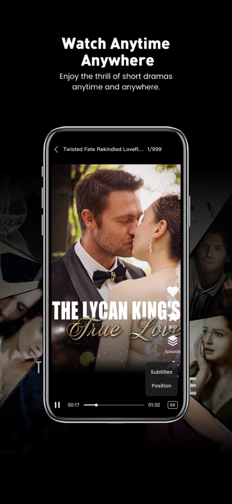 HiShortアプリでロマンチックなショートドラマのシーンを表示しているスマートフォン。「いつでもどこでも視聴」という見出しが表示されています。