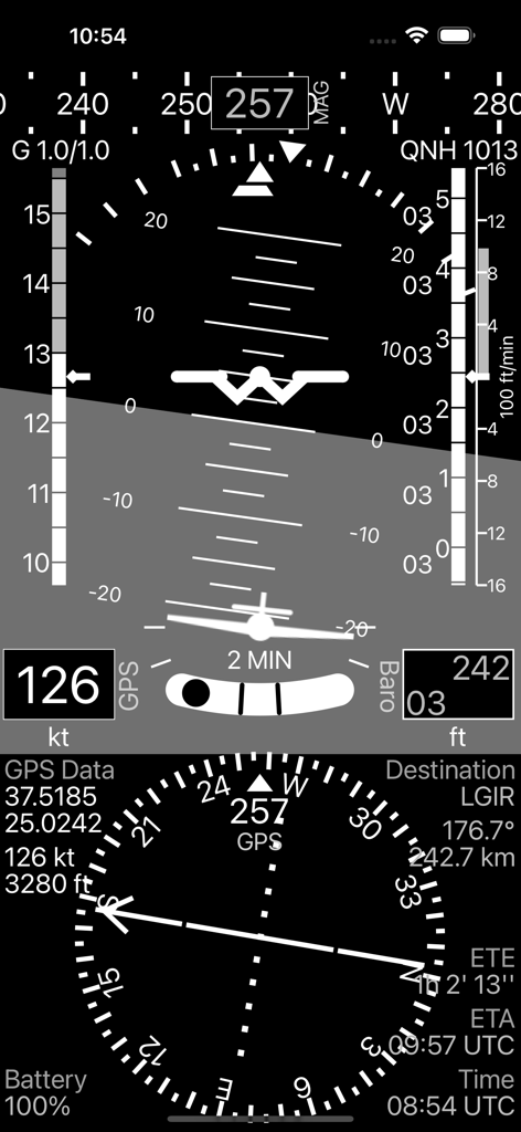 A-EFIS Black and White - Una interfaz de instrumentos de vuelo digital en blanco y negro de alto contraste que muestra un horizonte artificial y datos de navegación