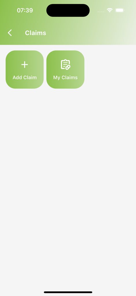 Salutem - Painel do aplicativo Salutem mostrando opções para adicionar um sinistro médico e visualizar o histórico de sinistros existentes.