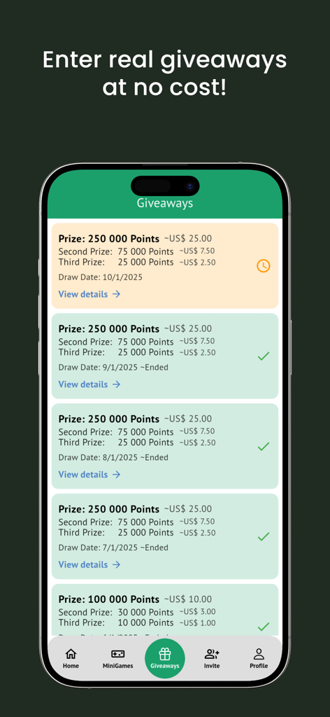 Interface of the Survey Cash app showing a list of free monthly giveaways to win real cash prizes and points