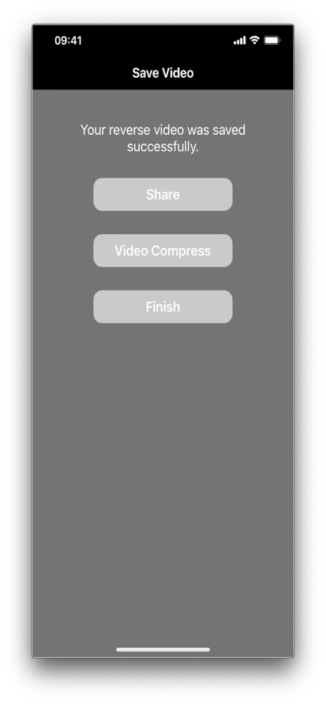 Reverse Video Edito‪r‬ - 逆再生動画編集アプリのスクリーンショット。動画が正常に保存されたという確認メッセージと、共有、圧縮、終了するオプションが表示されています。