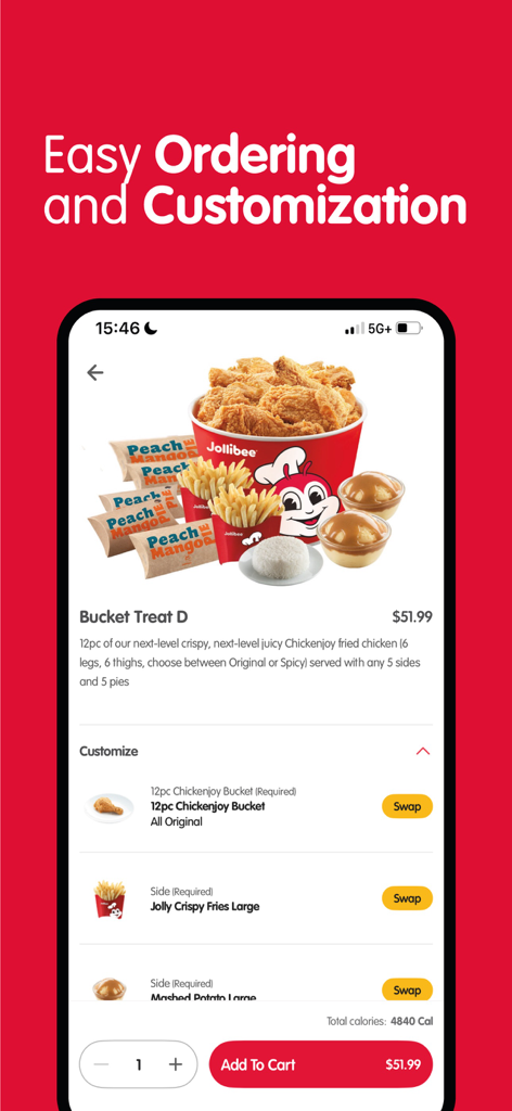 Jollibee - Order & Rewards - Interfaz de la app de Jollibee para pedir y personalizar una comida familiar de cubo de pollo.