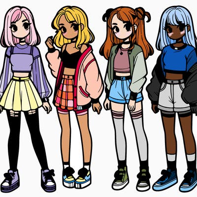 one girl with crop-top shirt and a jacket with a skirt, long socks and another girl with a shirt and pants with a jacket