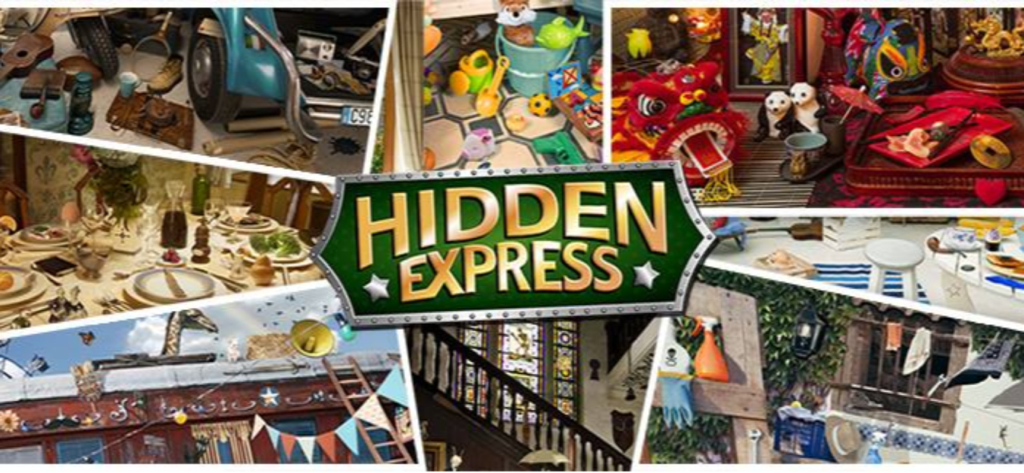Hidden Express - A collage showcasing various realistic photographic hidden object scenes from the Hidden Express game.
