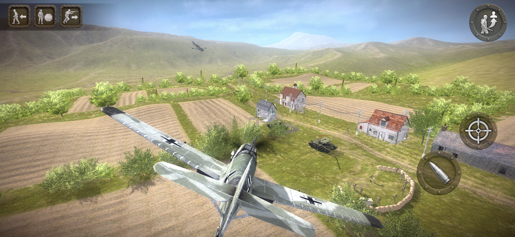 Battlefront Europe: WW2 Heroes - Avión de combate de la Segunda Guerra Mundial volando sobre un campo de batalla de pueblo en Battlefront Europe