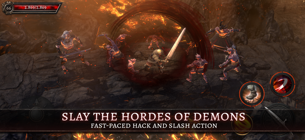 Hero character battling a horde of demons in a dark fantasy dungeon from Oniro ARPG