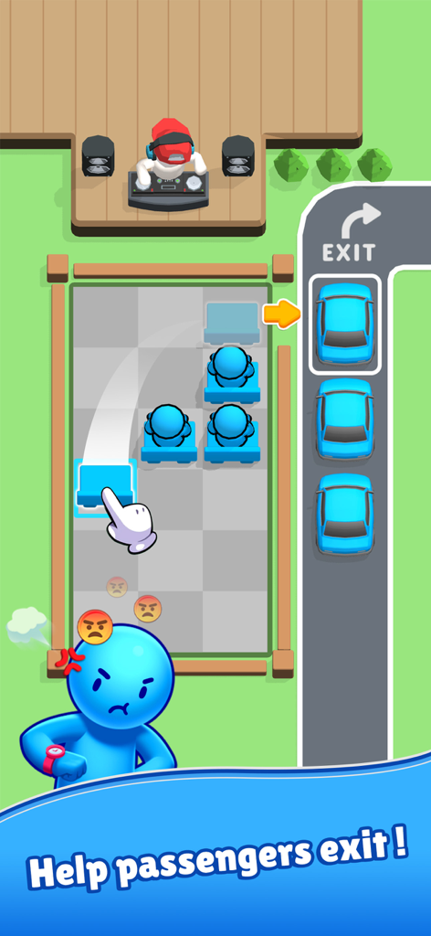 Seat Escape - A puzzle level in Seat Escape where a hand slides a seat to clear a path for passengers to reach waiting cars.