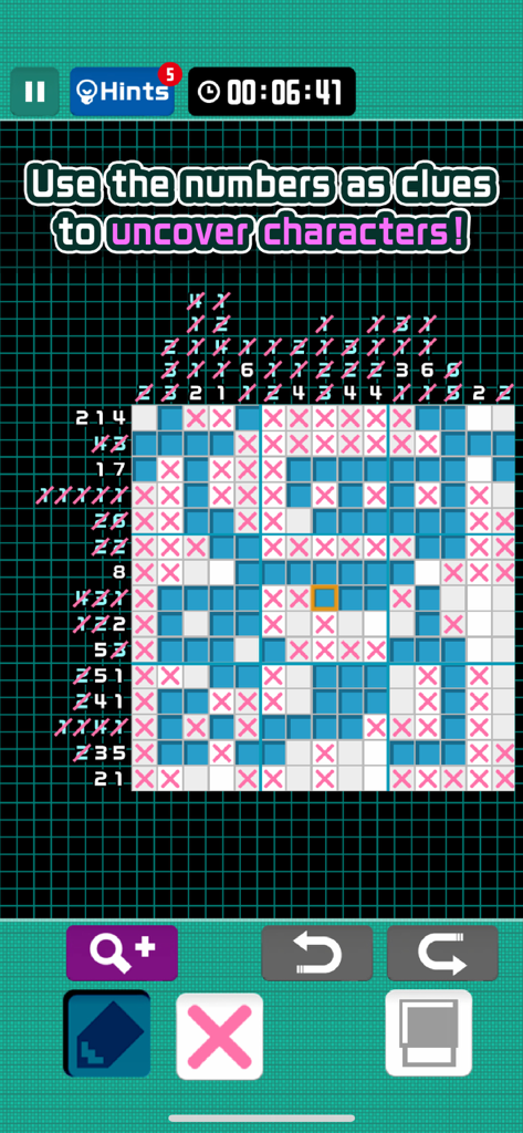 Gameplay screen of a nonogram logic puzzle in the Pixel Puzzle Collection app showing a grid with number clues and a pixelated character being uncovered