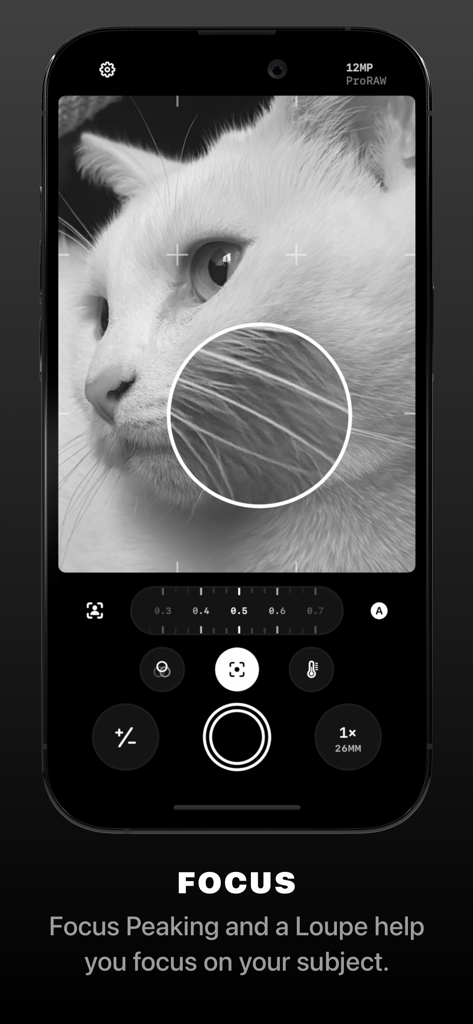 Obscura — Pro Camera - Obscura Pro Camera app interface demonstrating manual focus loupe and focus peaking tools on a monochrome cat photo