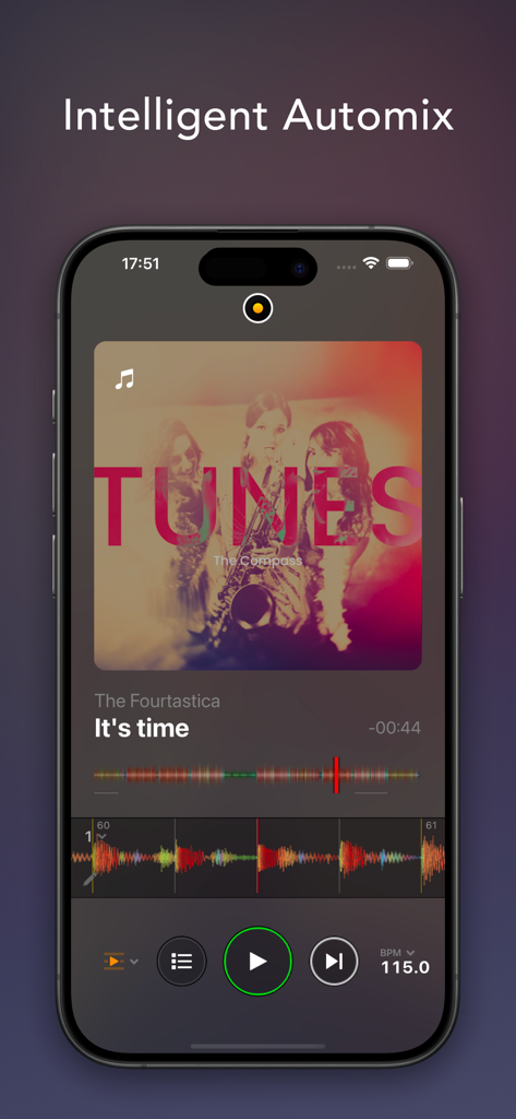 Smartphone screen displaying the intelligent automix feature of the djay app