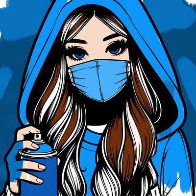 girl wearing a mask with long hair with her hood up spray-painting realistic