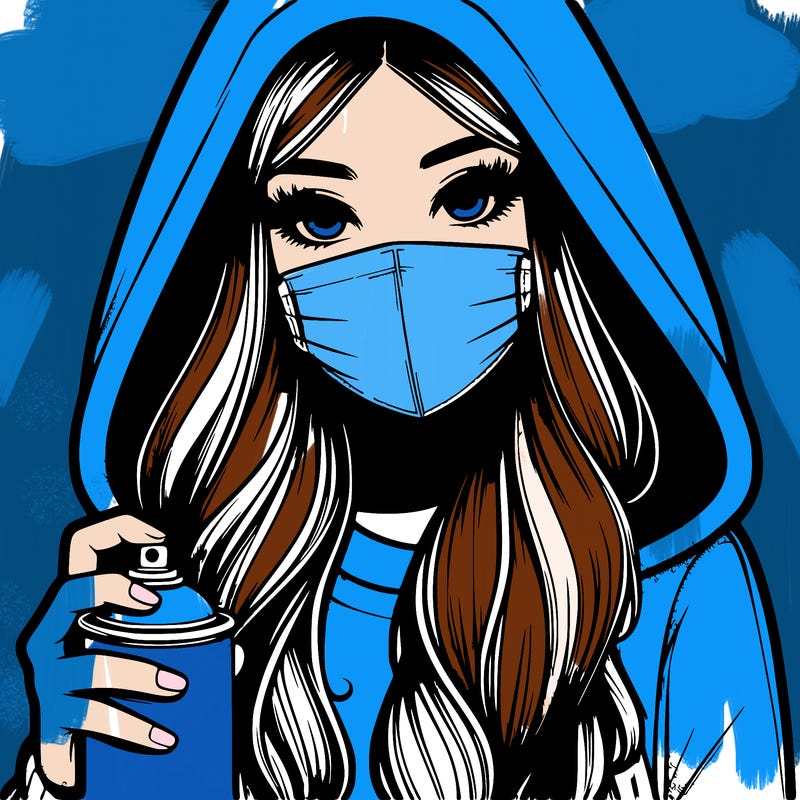 girl wearing a mask with long hair with her hood up spray-painting realistic