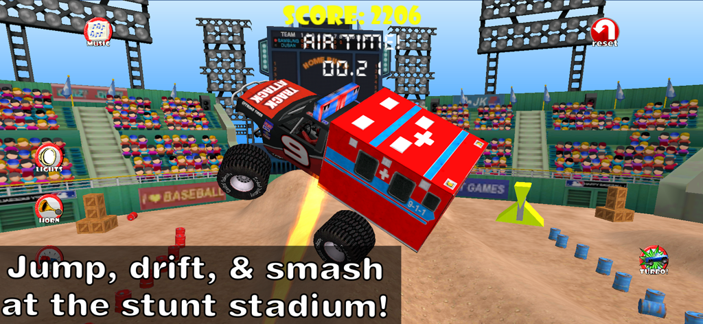 Police Car Race Chase Sim 911 - Un vehículo de emergencia realiza un salto alto en un estadio de acrobacias dentro de la aplicación Simulador de Carreras y Persecución Policial 911.