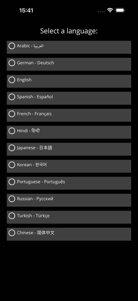Coin & Currency Converter - Language selection screen in the Coin and Currency Converter app showing a list of supported languages on a dark interface