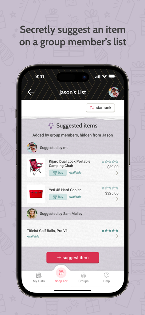 Giftster - Wish List Registry - Interface of the Giftster app showing how to secretly suggest items on a group member's wish list