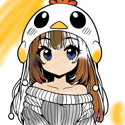 anime girl with chick shaped hat with sweater with bare shoulders with bangs covering them one eye with low tail