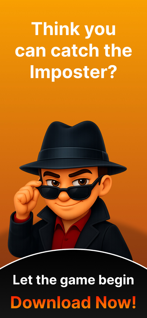 Un personaje espía de dibujos animados con un sombrero fedora y gafas de sol con el texto ¿Crees que puedes atrapar al Impostor?
