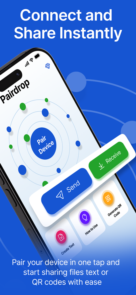 PairDrop Mobile App-Oberfläche für den sofortigen Datei- und Textaustausch zwischen gekoppelten Geräten.