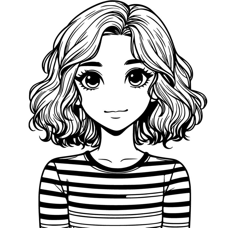 realistic girl with medium wavy hair with a retro striped shirt