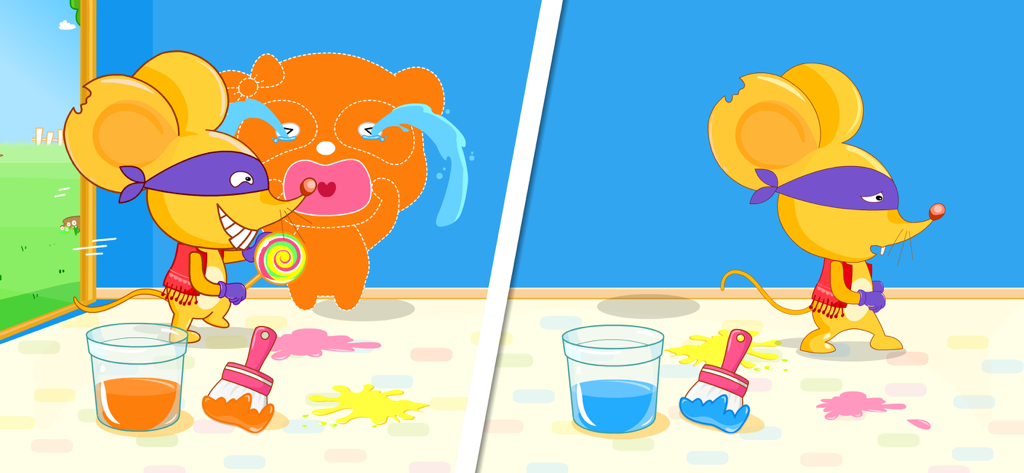 A yellow rat character searching for candy in a color mixing game screen.