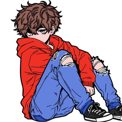 a male hoddie ripped jeans messy hair anime