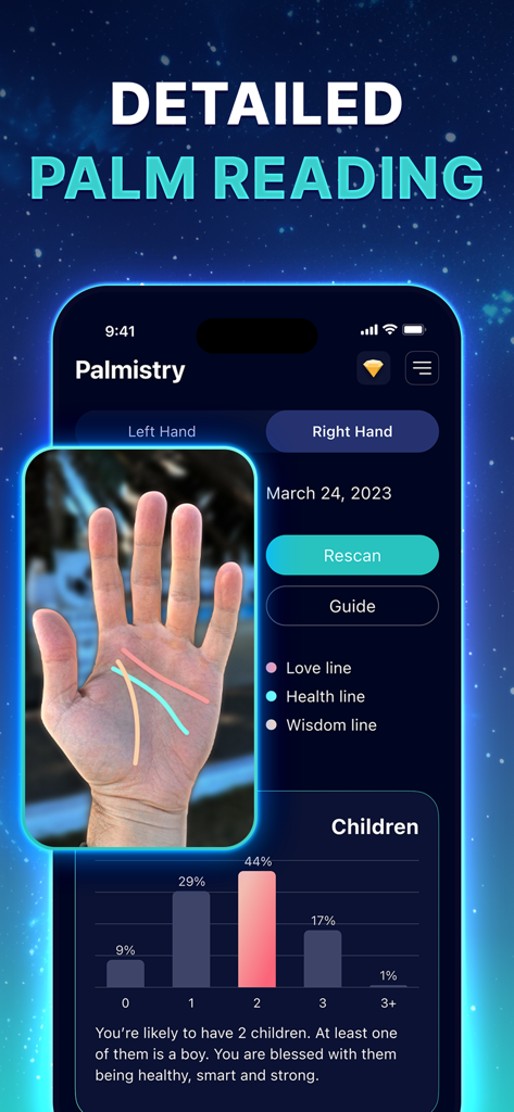 Interfaccia di un'app mobile che mostra una lettura della mano con linee evidenziate e un grafico di previsione dei figli.