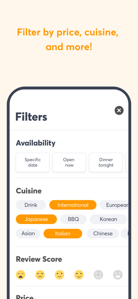 Interface of Quandoo app showing filters for restaurant availability cuisine types and review scores