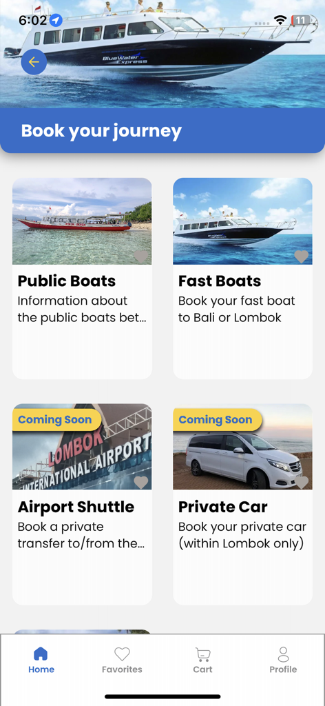 Palmz - Palmz mobile app screen displaying transport booking options for fast boats and airport shuttles in Gili Trawangan