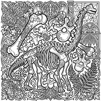 Explore an extraordinary coloring page featuring intricately detailed Brachiosaurus bones infused with a dramatic gothic aesthetic. This unique design combines prehistoric majesty with ornate Victorian-inspired filigree and mysterious elements for a captivating artistic journey.