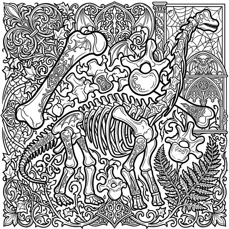 Explore an extraordinary coloring page featuring intricately detailed Brachiosaurus bones infused with a dramatic gothic aesthetic. This unique design combines prehistoric majesty with ornate Victorian-inspired filigree and mysterious elements for a captivating artistic journey.