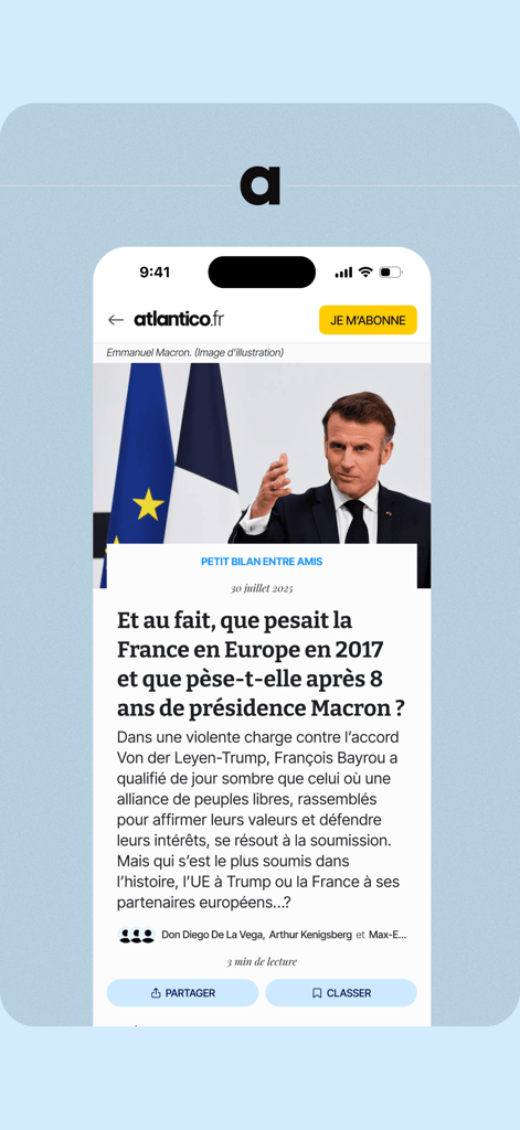 Aplicación Atlantico mostrando un artículo de noticias sobre política francesa y Emmanuel Macron