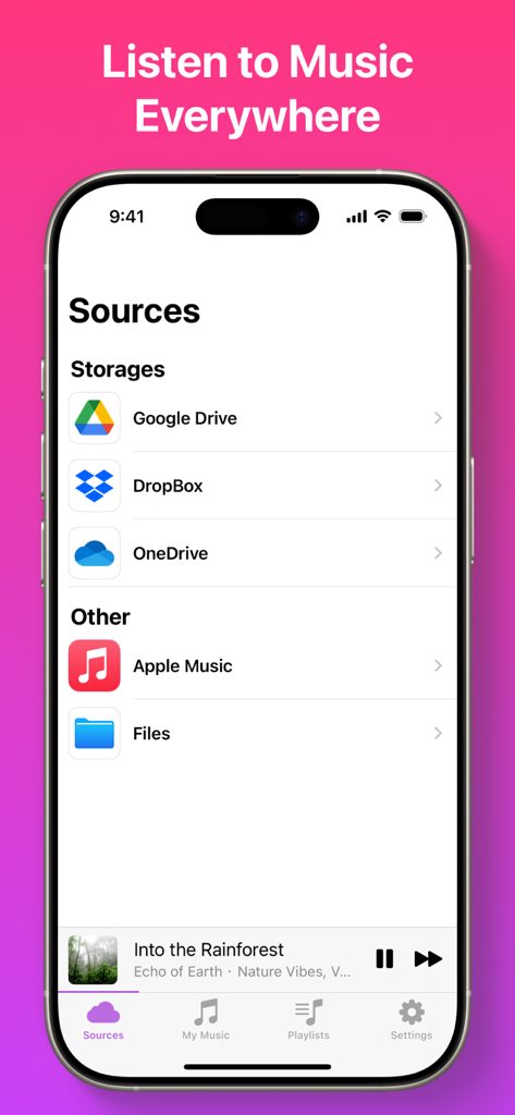 Interfaccia che mostra le origini di importazione musicale come Google Drive, Dropbox e OneDrive.