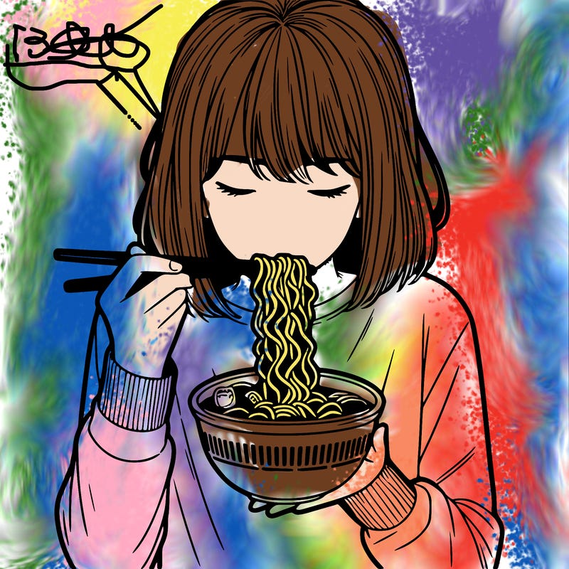 a girl realistic eating ramen noodles