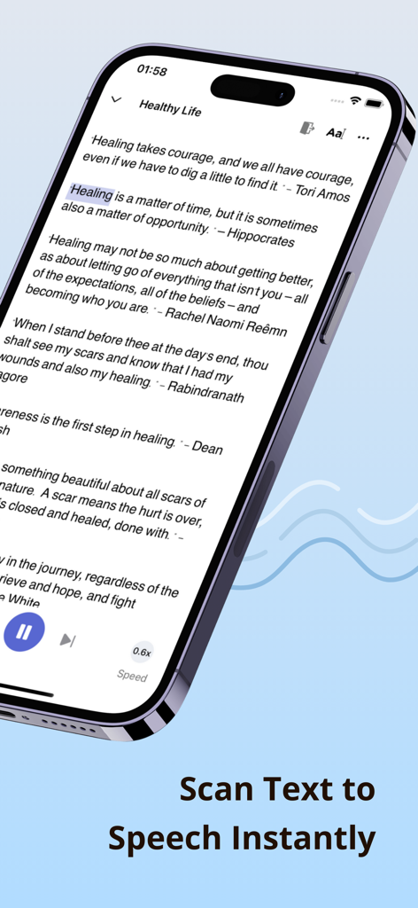 ハイライト表示でテキストをスキャンし、テキスト読み上げに変換しているAI Readerアプリが表示されたスマートフォン