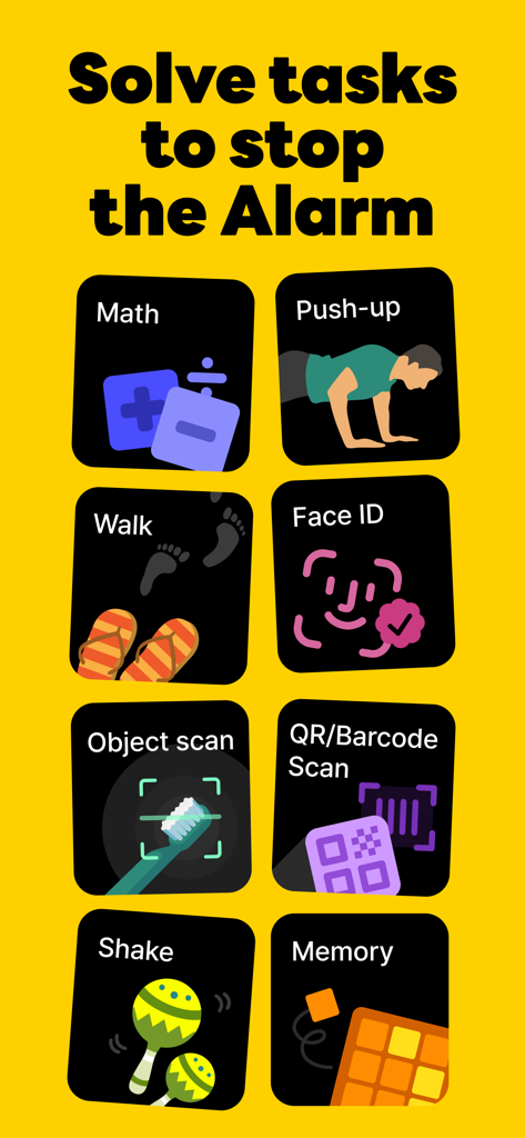 SuperAlarm - Loud Alarm Clock - Eine Liste interaktiver Aufgaben, um den Wecker zu stoppen, darunter Mathematik, körperliche Übungen und Objekterkennung