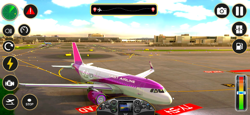 City Pilot Airport Game Flight - A 3D flight simulator mobile game featuring a purple commercial airplane on an airport runway with a cockpit dashboard and game UI controls.