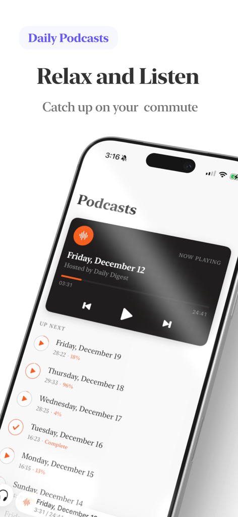 1440 Minutes Quill app interface showing daily news podcasts for commuting
