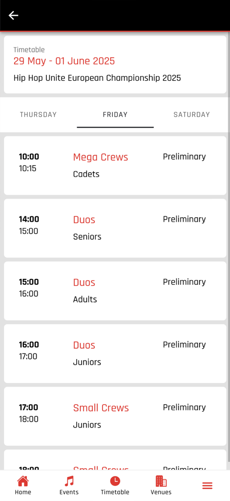 Hip Hop Unite app timetable screen showing the Friday dance competition schedule