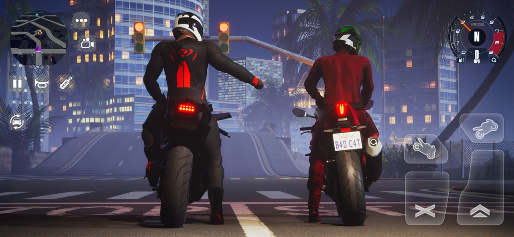 Street Racing EVO : Car & Moto - Two street racers on motorcycles at a city traffic light at night