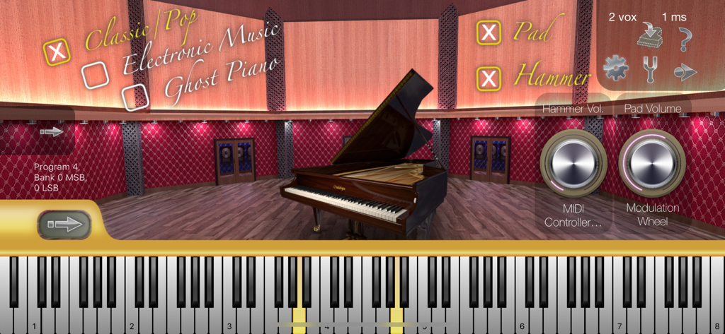 Colossus Piano - Interfaccia dell'app Colossus Piano con pianoforte a coda e controlli del suono