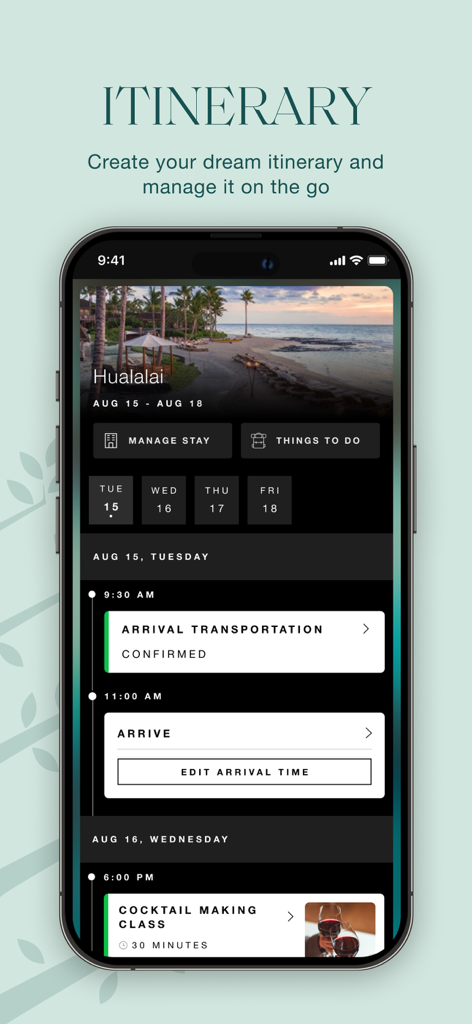 Four Seasons - Uma interface de aplicativo móvel exibindo um roteiro de viagem personalizado para uma estadia em hotel de luxo no Four Seasons Hualalai