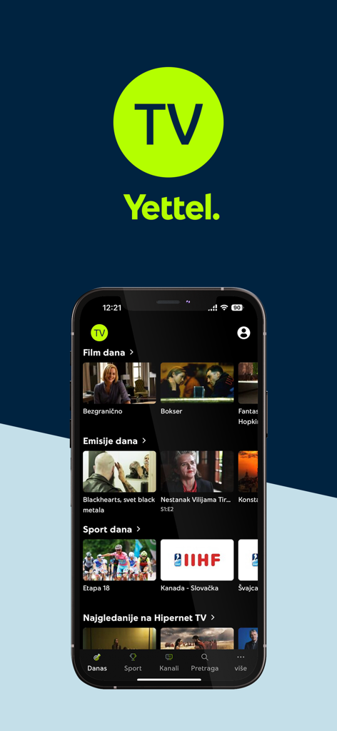 Yettel TV - Yettel TV mobile application interface showing movie and sports categories on a smartphone screen