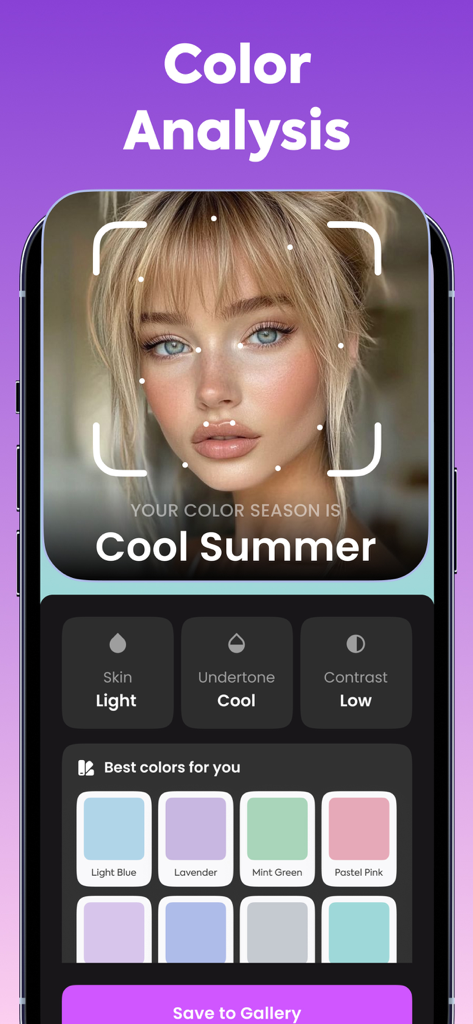 Hairstyle AI – Haircut Try On - Interfaz de análisis de color por IA que muestra una paleta de verano fresco basada en los subtonos de la piel.