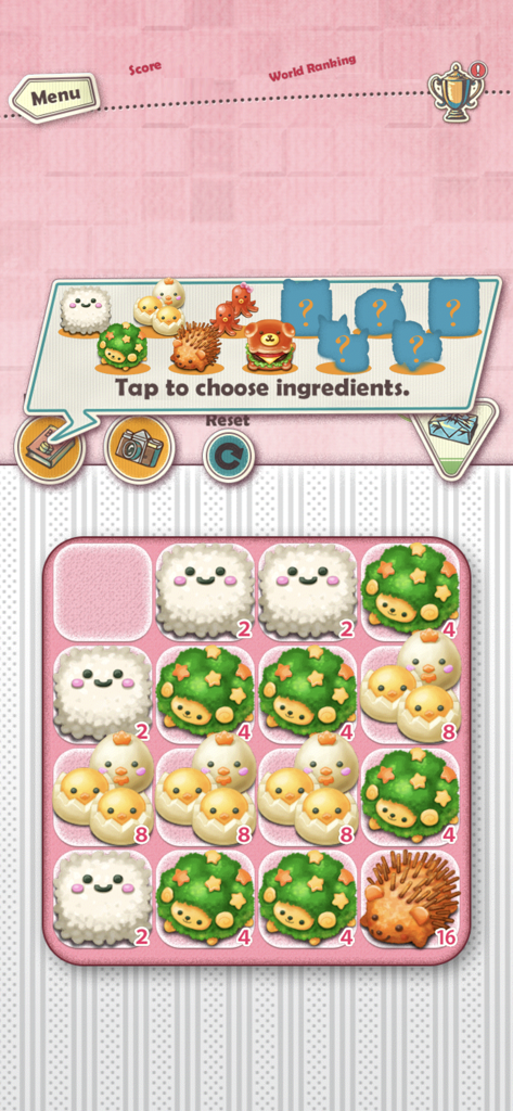 Fluffy and Soft! Cute Lunchbox - Gameplay screen of Fluffy and Soft Cute Lunchbox showing a 2048 puzzle grid with adorable animal-themed food characters.