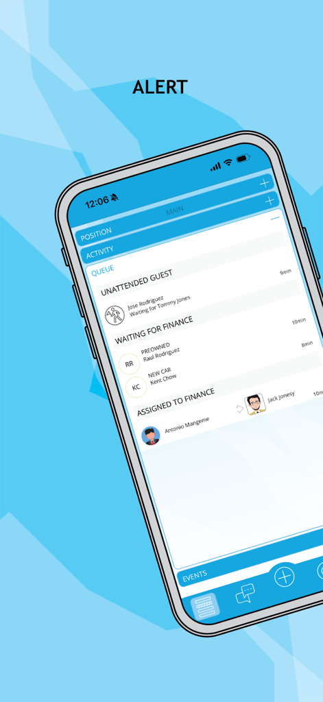 nextup mobile - Oberfläche der Nextup Mobile App, die eine Warteschlange unbeaufsichtigter Gäste und Finanzierungszuweisungen für Automobil-Verkaufsteams anzeigt