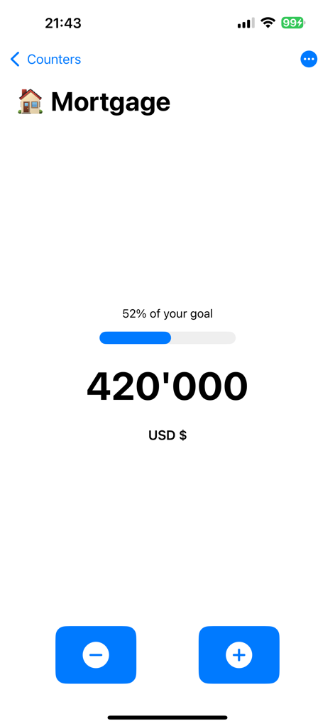 Counter App - Click Tracker - A mobile interface from Counter App showing a mortgage tracking goal of 420,000 USD with a 52 percent progress bar.