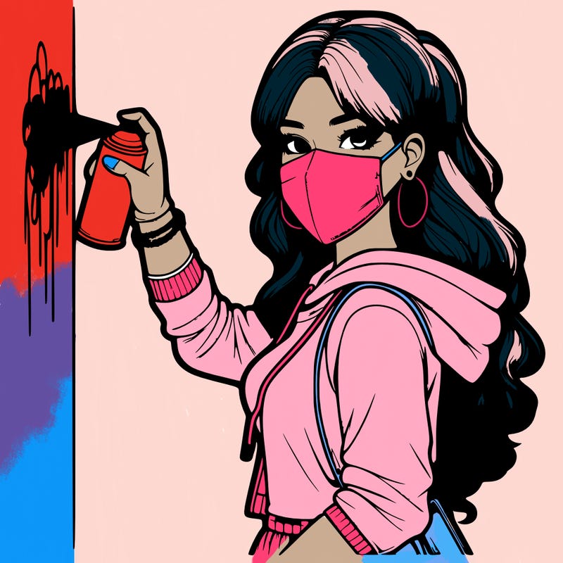 realistic girl with mask spray painting a wall