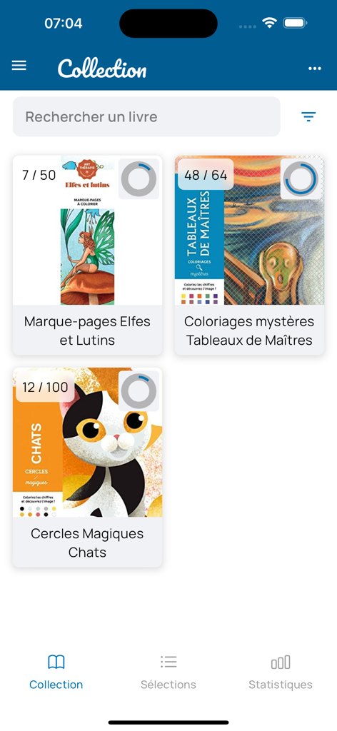 BuddyColo app interface showing a digital library of coloring books with progress tracking indicators