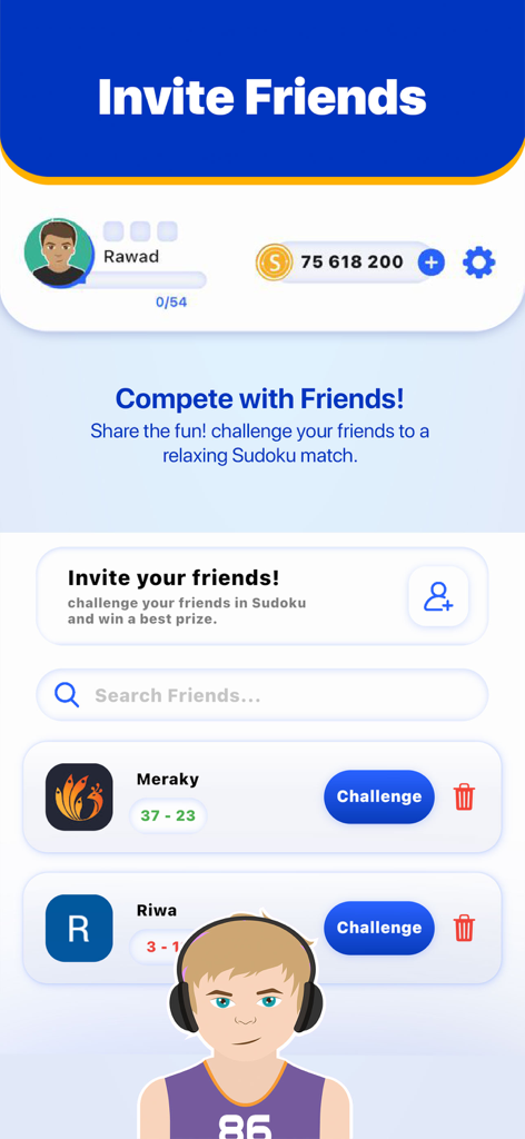 Sudoku Friends - Multiplayer - Pantalla para invitar y desafiar a amigos a una partida de Sudoku en la aplicación Sudoku Friends.