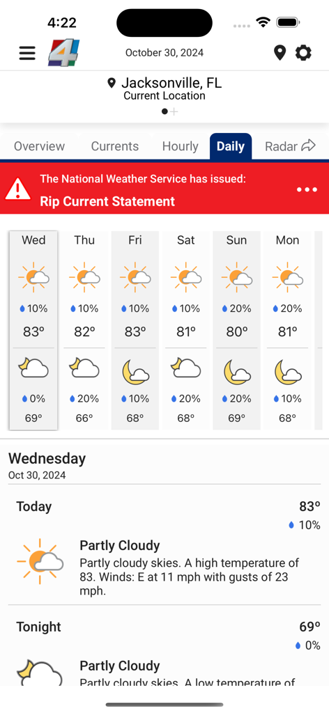 News4Jax Weather Authority - News4Jax Weather Authority app displaying a daily forecast and rip current alert for Jacksonville.